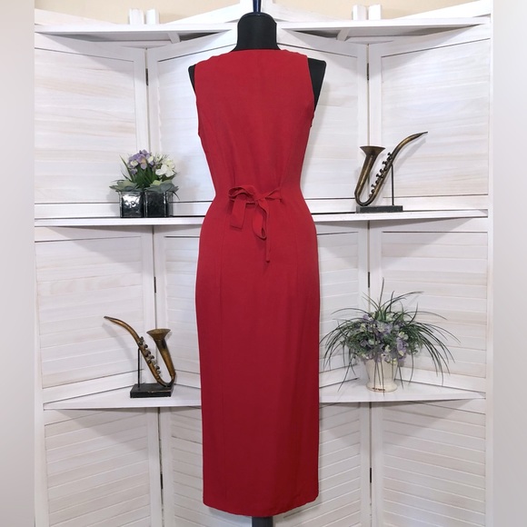 Vintage 80s 90s Audrey Hepburn style black red pencil sleeveless midi dress S - Picture 2 of 8
